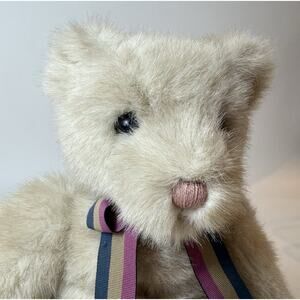 RARE TY Classic Teddy Bear Light Gray Brown with Maroon Navy Striped‎ Bow